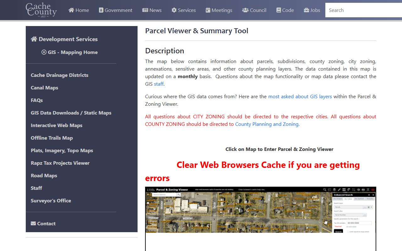 Cache County GIS parcel viewer for property boundaries and deed records